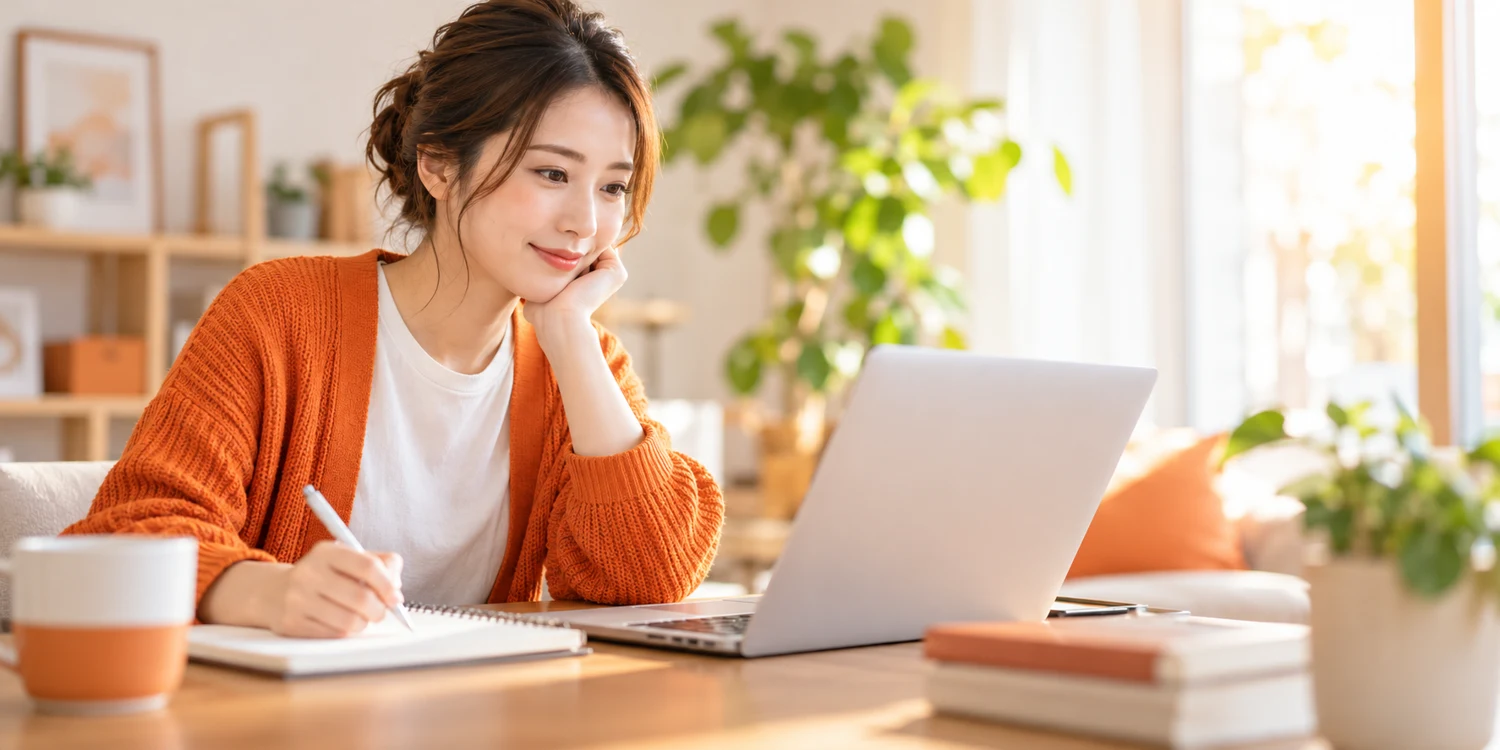 動画を見ながらノートに学びを整理するオンライン学習のイメージ